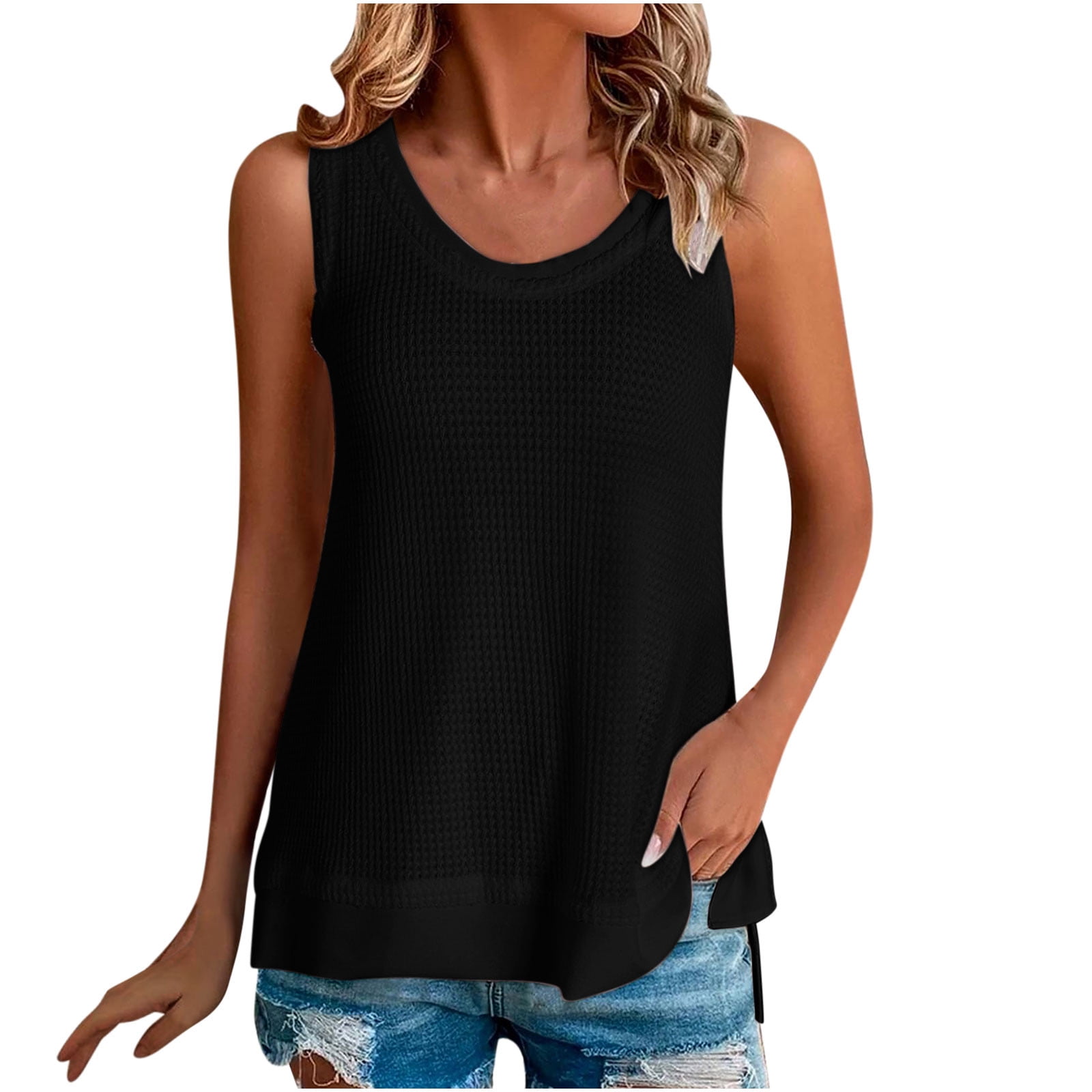 AUTOMET Women's Tank Tops - Sleeveless Crewneck Summer Blouses, Loose Fit With Side Split