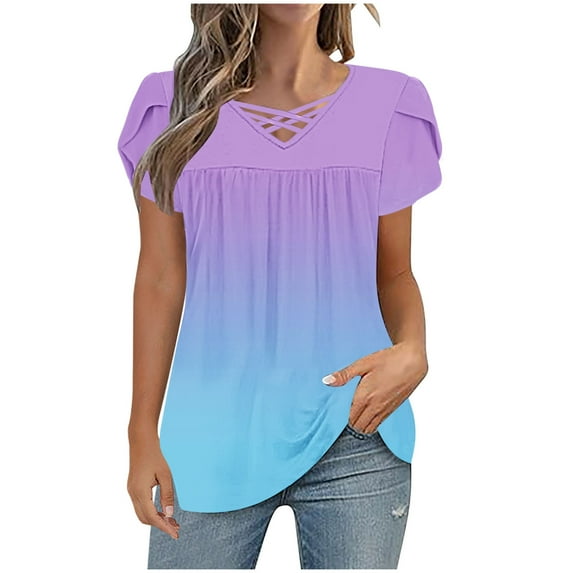 Charella Tops for Women Trendy Cross V Neck Petal Short Sleeve Pleated Flowy Shirts Casual Gradient Color Basic Tee (3XL, Sky Blue)