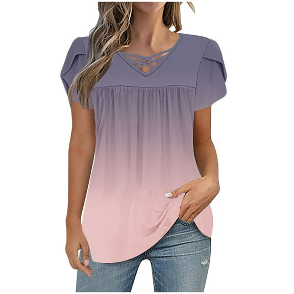 Charella Tops for Women Trendy Cross V Neck Petal Short Sleeve Pleated Flowy Shirts Casual Gradient Color Basic Tee (L, Pink)