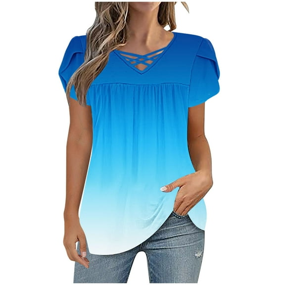 Charella Tops for Women Trendy Cross V Neck Petal Short Sleeve Pleated Flowy Shirts Casual Gradient Color Basic Tee (S, Blue)