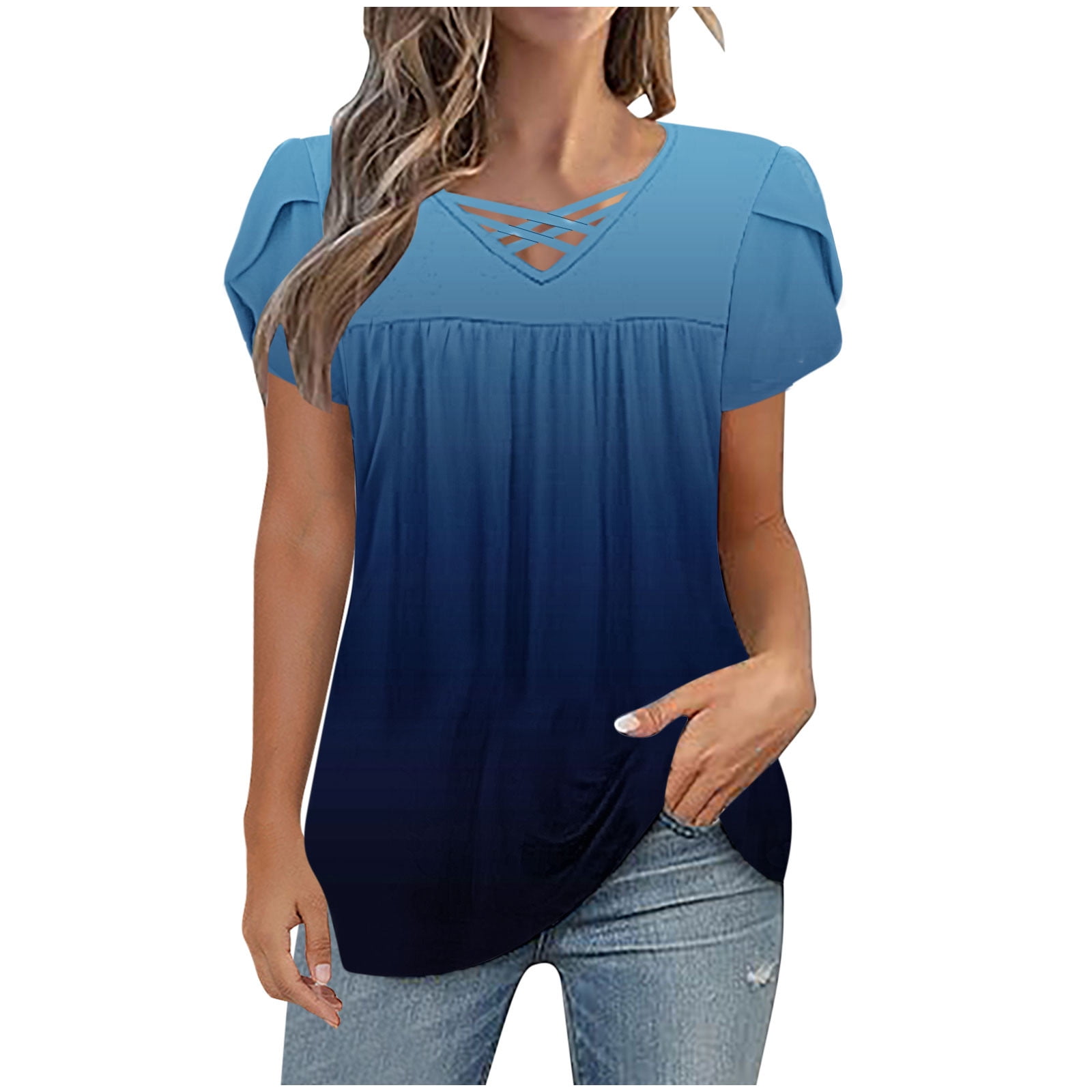 Women's Lace V-Neck Top - Petal Sleeve Blouse For Business Casual Or Summer Outings