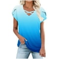 thumbnail image 1 of Charella Tops for Women Trendy Cross V Neck Petal Short Sleeve Shirts Gradient Color Basic Tee Casual Loose Clothes (3XL, Blue 2), 1 of 6