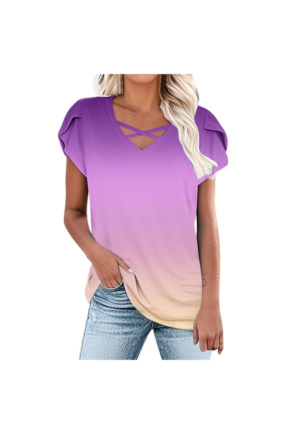 Tops for Women Trendy Cross V Neck Petal Short Sleeve Shirts Gradient Color Basic Tee Casual Loose Clothes (3XL, Multicolor)