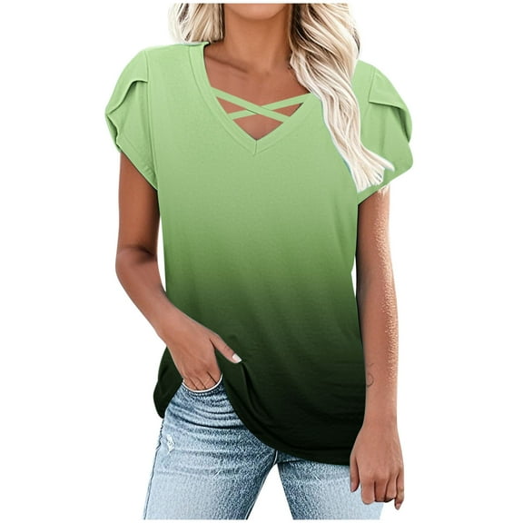 Charella Tops for Women Trendy Cross V Neck Petal Short Sleeve Shirts Gradient Color Basic Tee Casual Loose Clothes (S, Green)