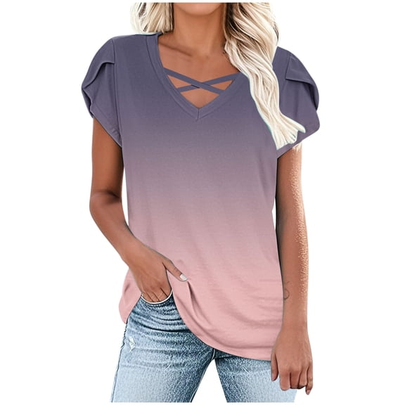 Charella Tops for Women Trendy Cross V Neck Petal Short Sleeve Shirts Gradient Color Basic Tee Casual Loose Clothes (S, Pink 1)