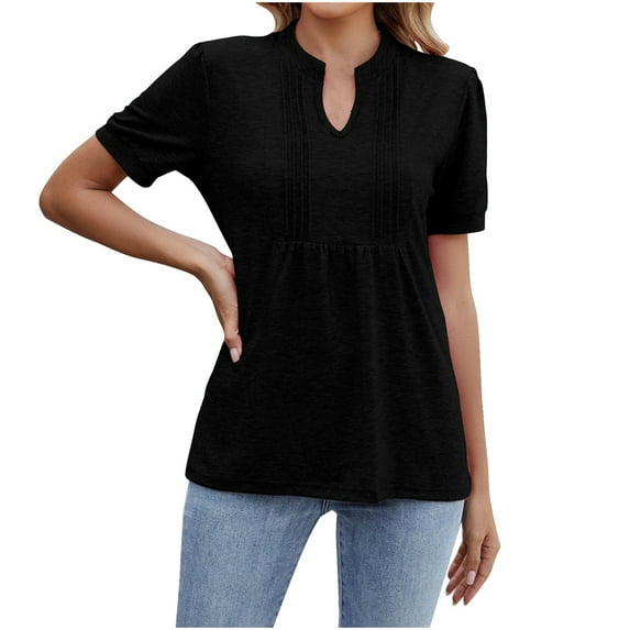 Charella V Neck Shirts for Women Pleated Flowy Short Sleeve Blouses Dressy Casual Tops Solid Color Summer Blouses (M, Black)