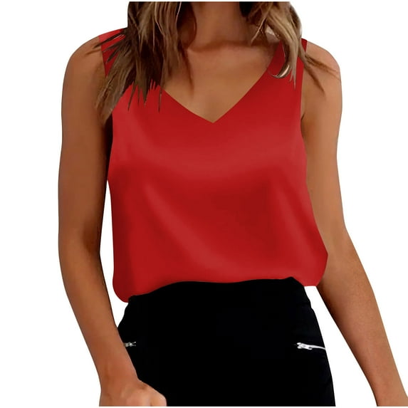Charella V Neck Tank Tops for Women Fashion Casual Cami Sleeveless Camisole Blouses Summer Basic Tank Shirts (2XL, Red)