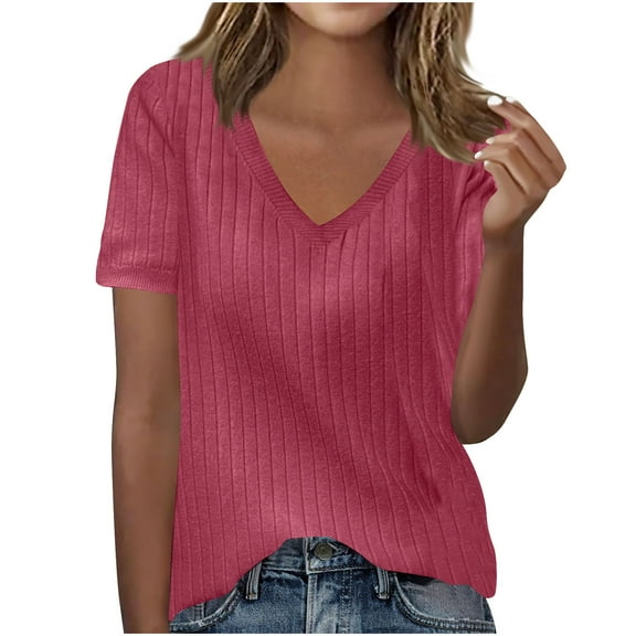 Charella V Neck Tops for Women Dressy Casual Knit Summer Short Sleeve Shirts Loose Basic Solid Color Blouses (2XL, Pink)