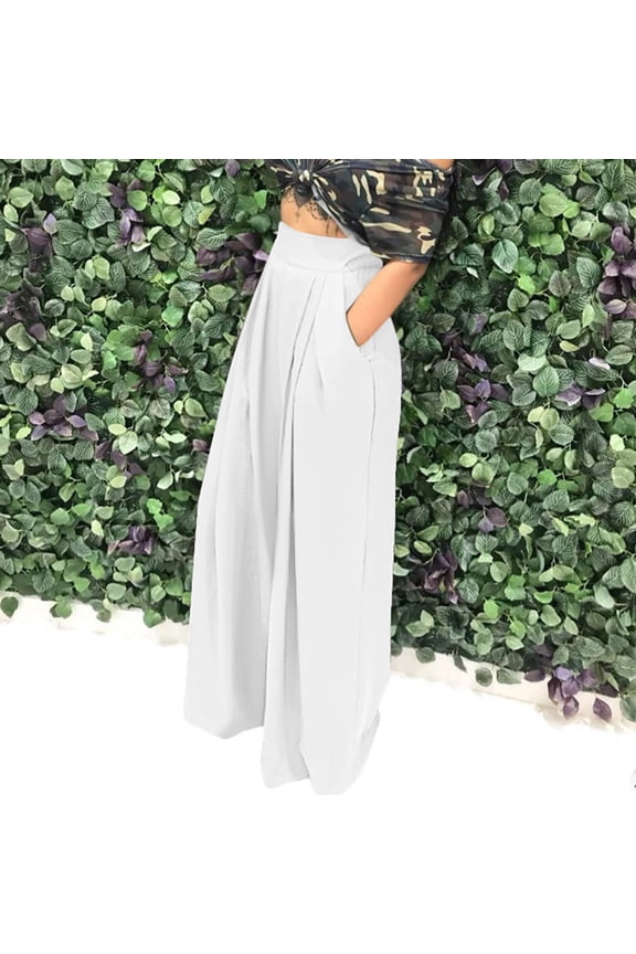 Wide Leg Pants for Women Fashion Casual Full-Length Loose Pants Solid High Waist Trousers Long Straight Wide Leg Pants White,M