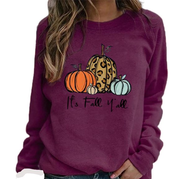 Charella Women Comfortable Casual Letter Printed Pullover Sweatshirt Round-Neck Long Sleeve T-Shirt Blouse Tops Purple,XXXL