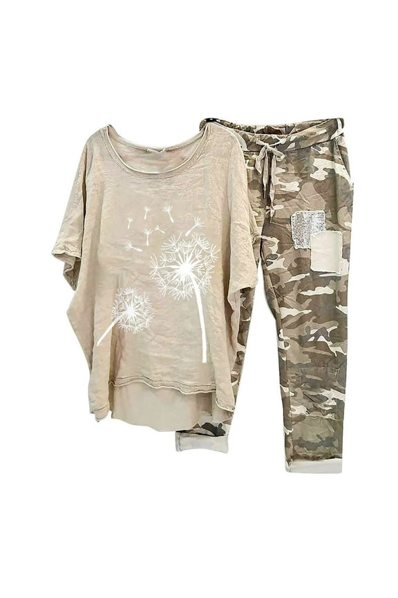 Women Floral Print 2 Piece Outfits Matching Elastic Waist Capri Pants Comfy Crewneck Short Sleeve Cotton Linen Shirts Summer Tracksuit