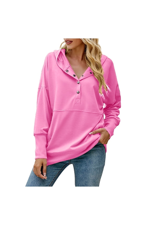 Women Half Zip Hoodies Solid Color Hooded Pullover Sweatshirt with Drawstring and Pockets Pink,XL