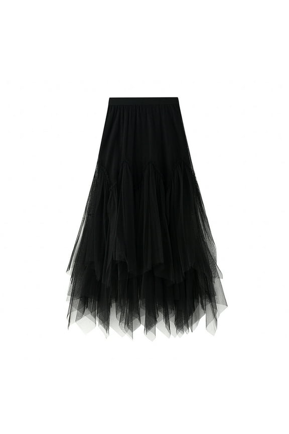Women Irregular Long Tulle Skirts Elastic High Waist Mesh Tulle Tutu Maxi Skirt Black,