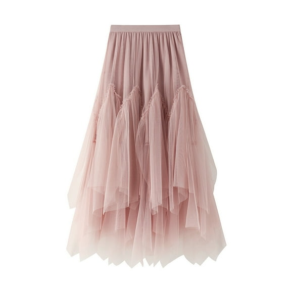 Charella Women Irregular Long Tulle Skirts Elastic High Waist Mesh Tulle Tutu Maxi Skirt Pink,