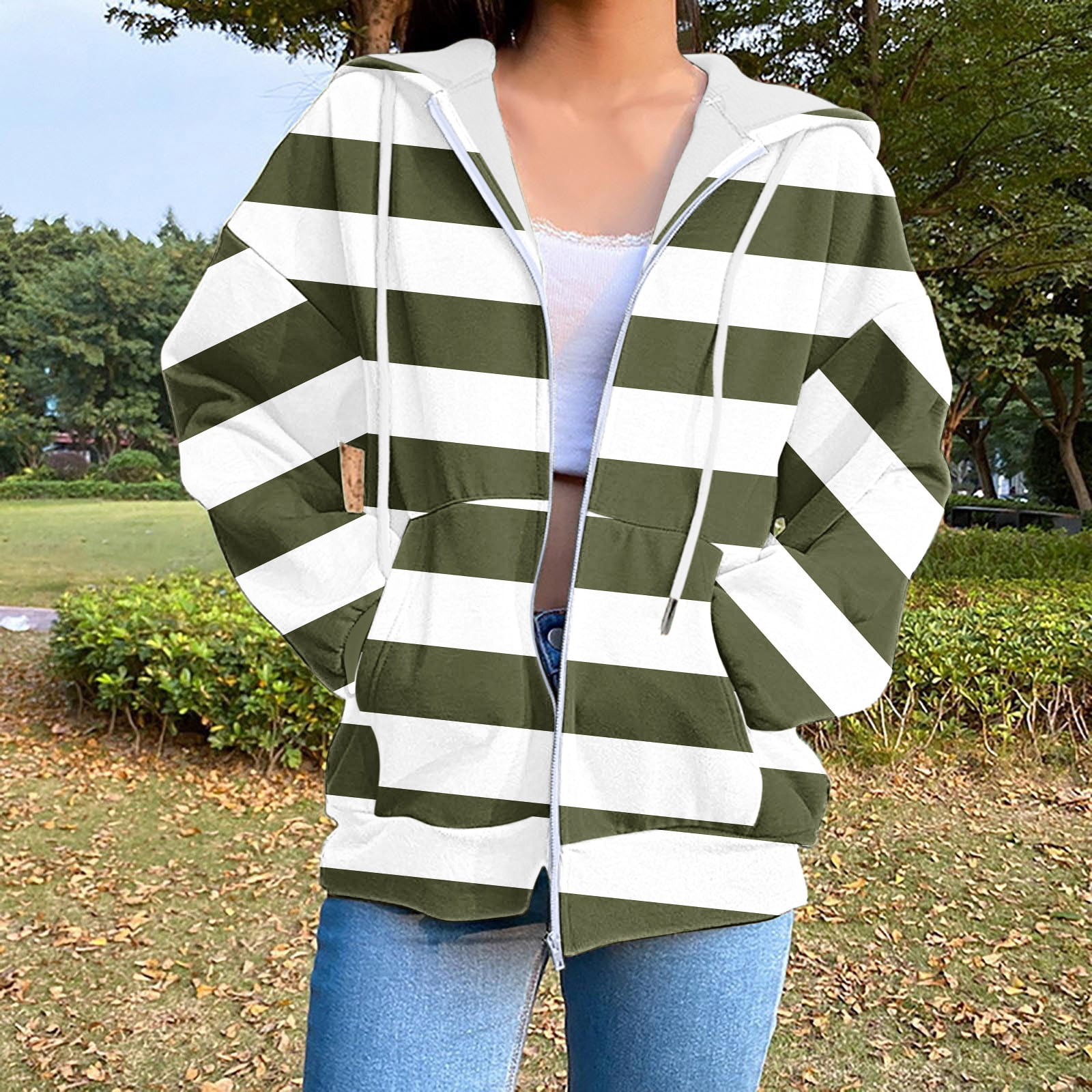 Charella Women Lightweight Zip Up Hoodies Casual Stripe Hooded Sweatshirt Long Sleeve Jackets