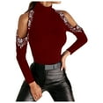 thumbnail image 1 of Charella Women Off Shoulder Solid Color Long Sleeve Slim Sweatshirt Turtleneck Rhinestone Fall Winter Shirt Tops Wine,XXL, 1 of 7