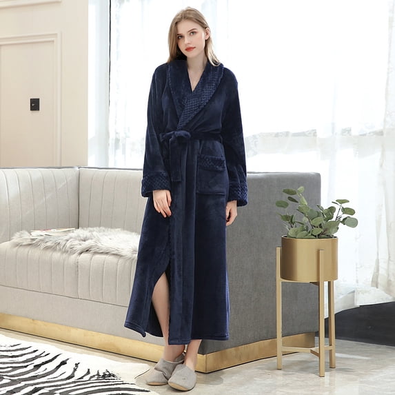 Charella Women Plush Fleece Robe, Soft Fluffy Long Bathrobe, Lady Cozy Spa Robe Warm Sleepwear Loungewear Navy,M