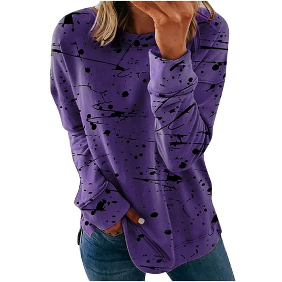 Charella Women Print Long Sleeve Comfortable Breathable Round-Neck Shirt Tops Purple,XL