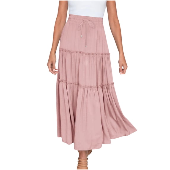 Charella Women Solid Casual Ruched Ruffles Elastic Waist Skirts Summer Taping Beach Long Skirt Pink,L