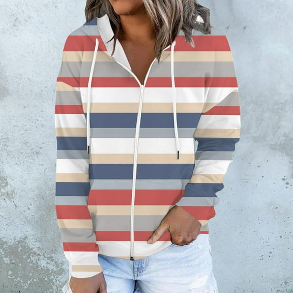 Charella Women Strip Zipper Hoodies Printed Sweatshirt Long Sleeve Jackets with Baggy Pocket Blue,XL