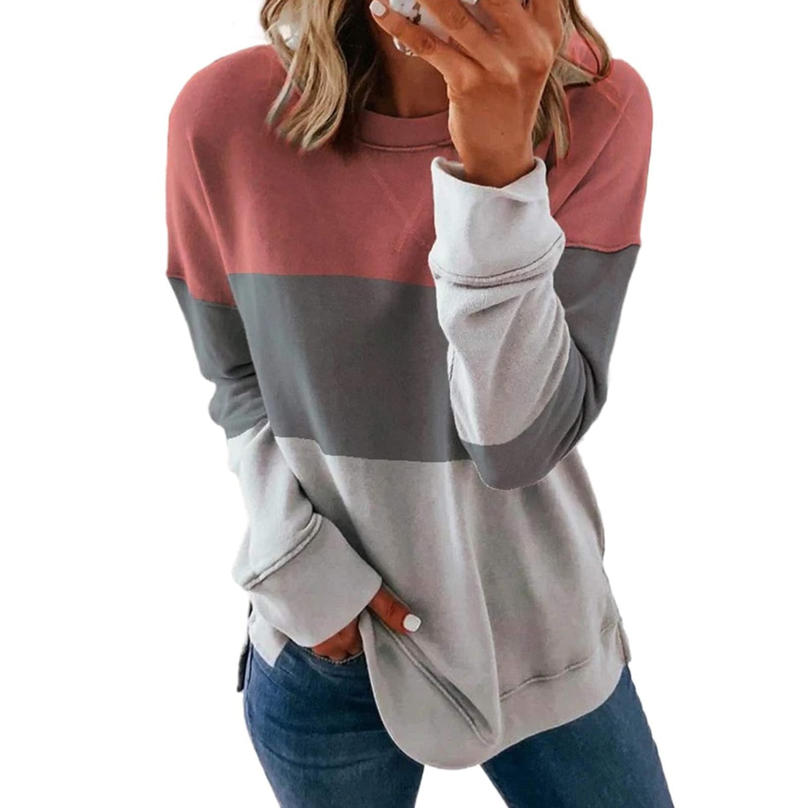 ROSELINLIN Women's Lightweight Hoodie - Grey Long Sleeve Pullover Sweatshirt With Blue Foliage Print, Size Large
