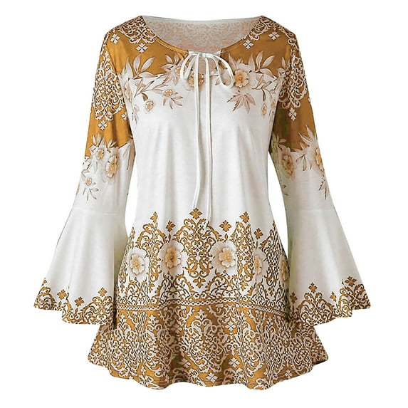 Charella Women Vintage Blouses Lace Patchwork Bow V-Neck Three Quarter Top T-Shirt Orange,M