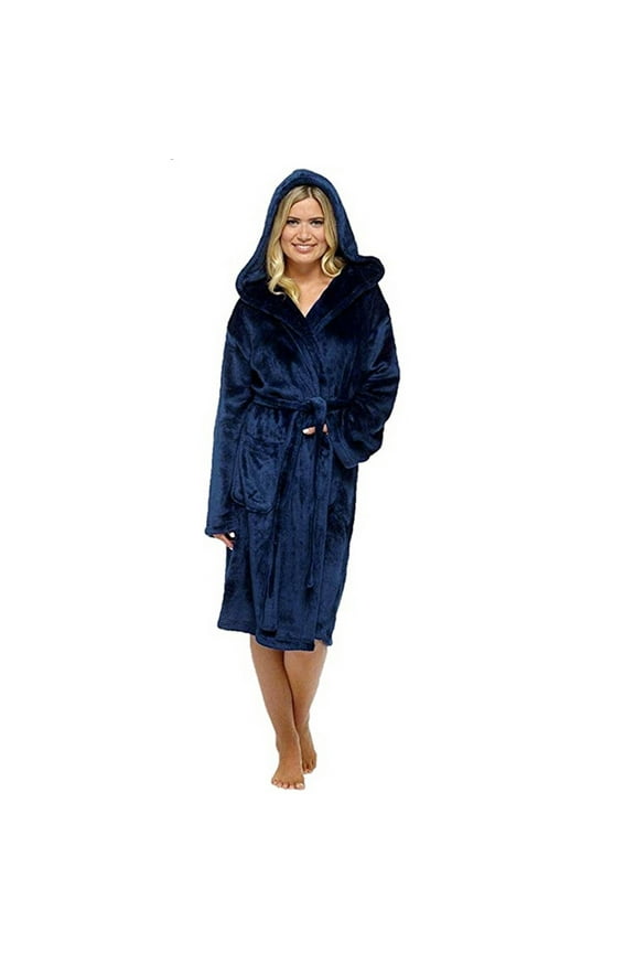 Women Winter Plush Hooded Robe Warm Long Sleeve Bathrobe Shawl with Pockets Dark Blue,XXL