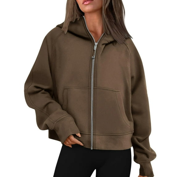 Charella Women Zip Up Hoodies Casual Long Sleeve Hooded Sweatshirt Solid Jackets Tops with Pockets Brown,XL