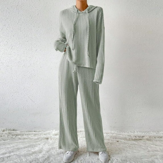 Charella Women's 2 Piece Outfits Knit Sweater Sets Long Sleeve Hoodies and Wide Leg Pants Lounge Sets Tracksuit Mint Green,10