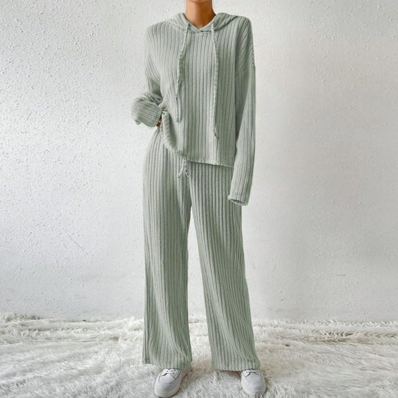Charella Women's 2 Piece Outfits Knit Sweater Sets Long Sleeve Hoodies and Wide Leg Pants Lounge Sets Tracksuit Mint Green,10