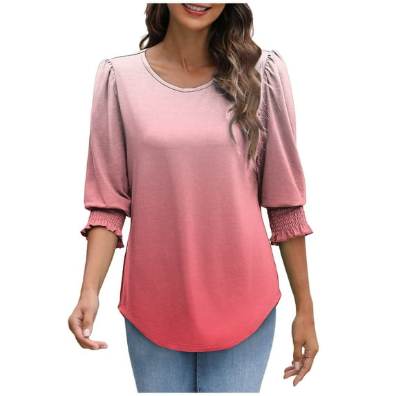 Charella Women's 2025 Fashion Tops 3/4 Length Puff Sleeve Business Dressy Casual Blouses Summer Tees Shirts (XL, Pink)