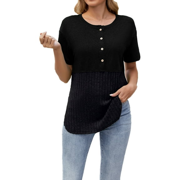 Charella Women's Basic Tops Knit Crew Neck Button up Shirts Color Block Short Sleeve Summer Casual Loose Fit Clothes (L, Black)