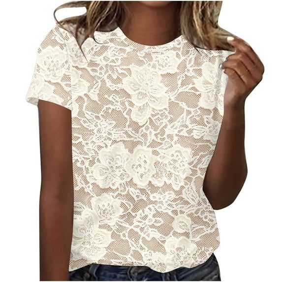 Charella Women's Blouses Casual Retro Floral Printed Crew Neck Tops Short Sleeve Shirts Dressy Casual Tees (XL, Multicolor 7)