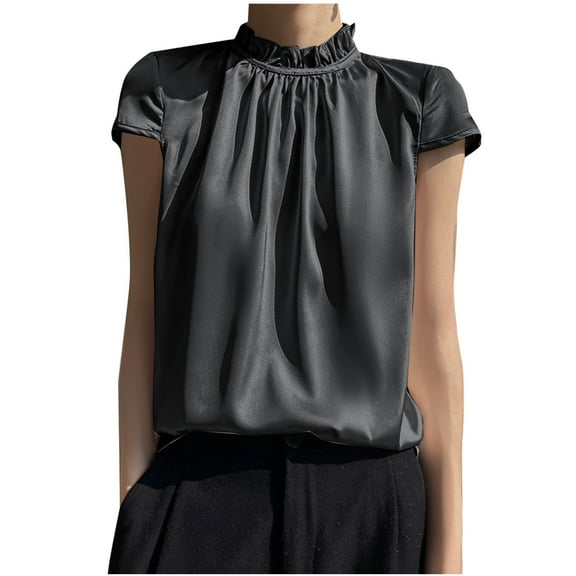 Charella Women's Blouses Summer Dressy Casual Short Sleeve Tops Lace Crew Neck Solid Color Business Shirts (2XL, Black)