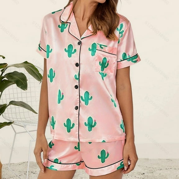 Charella Women's Button down Pajamas Set 2 Piece Short Sleeve Tops and Shorts Sleepwear Pjs Sets Pink,XL