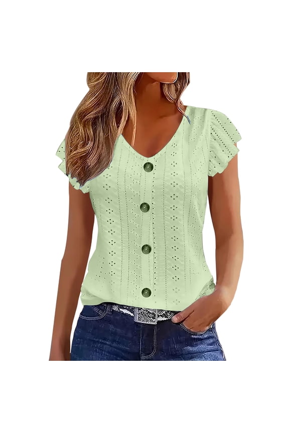 Women's Button down Shirts Eyelet V Neck Ruffle Short Sleeve Basic Tops Summer Casual Loose Fit Clothes (S, Green)