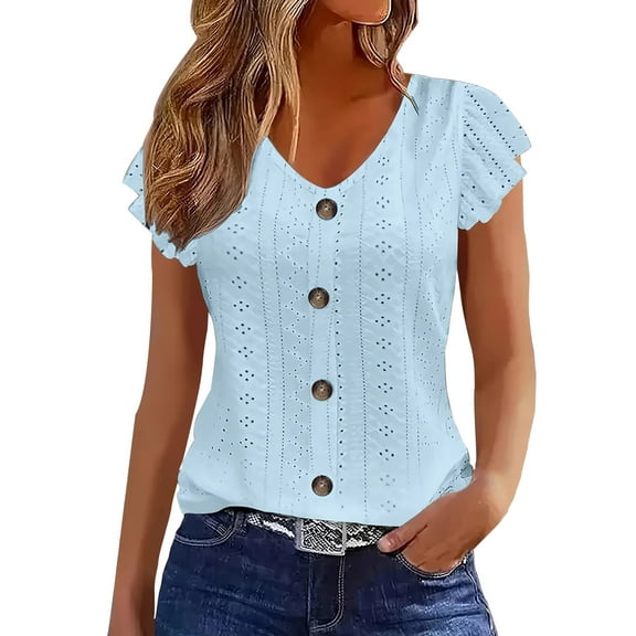 Charella Women's Button down Shirts Eyelet V Neck Ruffle Short Sleeve Basic Tops Summer Casual Loose Fit Clothes (S, Sky Blue)