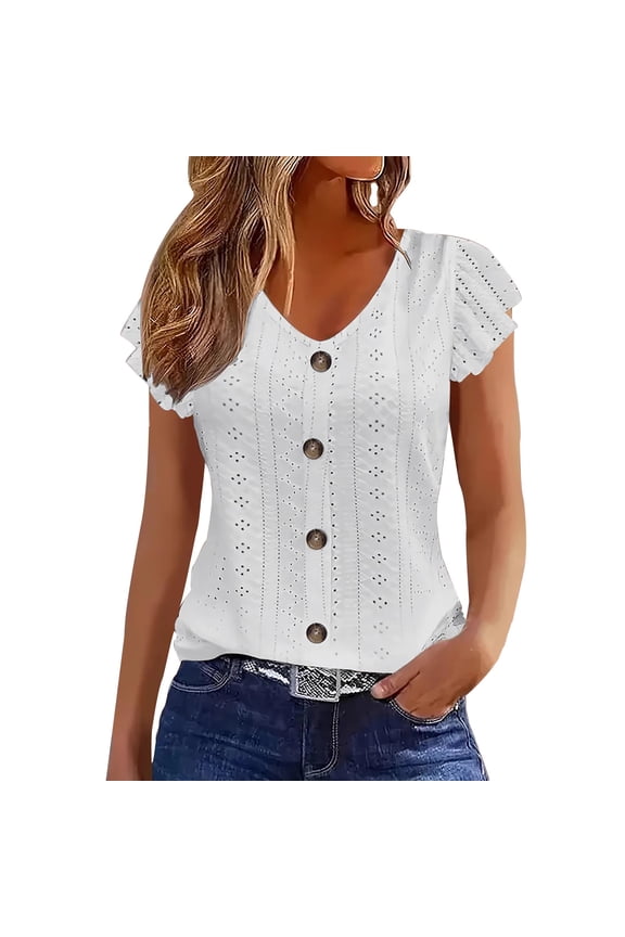 Women's Button down Shirts Eyelet V Neck Ruffle Short Sleeve Basic Tops Summer Casual Loose Fit Clothes (XL, White)