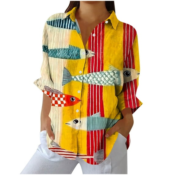 Charella Women's Button down Shirts Fashion Cute Printed Long Sleeve Collar Tops Casual Loose Fit Blouses (2XL, Orange 1)