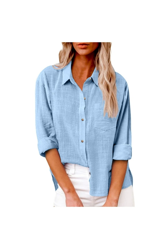 Women's Button down Shirts with Pocket Cotton Linen Long Sleeve Blouses Autumn Loose Casual Tops (XL, Light Blue A)