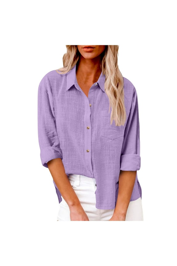 Women's Button down Shirts with Pocket Cotton Linen Long Sleeve Blouses Loose Casual Tops (3XL, Purple A)