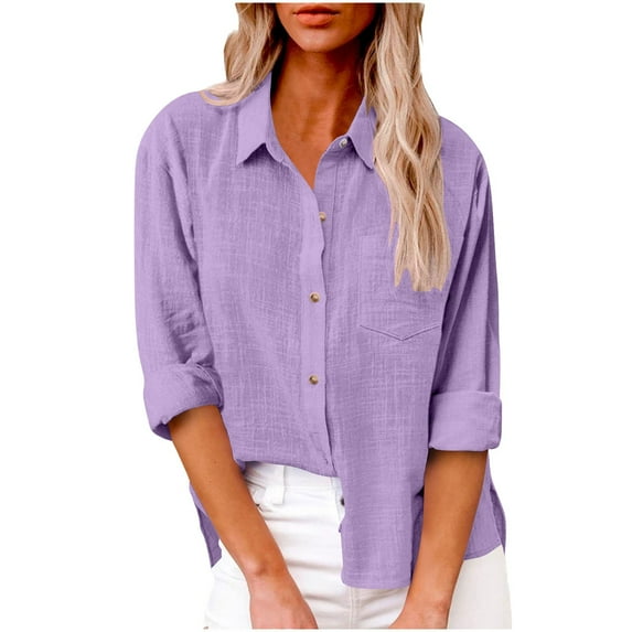Charella Women's Button down Shirts with Pocket Cotton Linen Long Sleeve Blouses Loose Casual Tops (XL, Purple A)