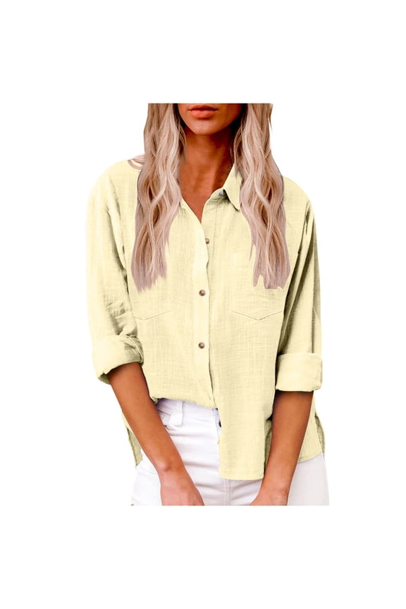 Women's Button down Shirts with Two Pockets Cotton Linen Long Sleeve Blouses Loose Casual Tops (2XL, Yellow A)