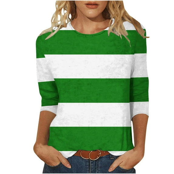 Charella Women's Casual 3/4 Sleeve Color Block T-Shirts Crew Neck Tunic Tops Striped Tees Loose Fit Pullover (S, Green)