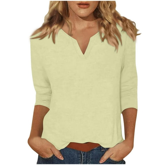Charella Women's Casual 3/4 Sleeve Solid Color T-Shirts V Neck Tunic Tops Basic Tees Loose Fit Pullover (L, Mint Green 1)