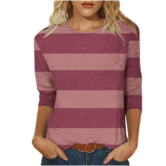 Charella Women's Casual 3/4 Sleeve Striped T-Shirts Crew Neck Tunic Tops Color Block Tees Loose Fit Pullover (XL, Pink)