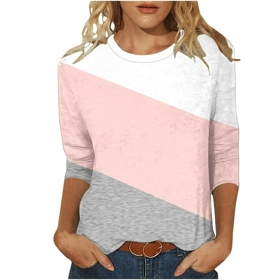 Charella Women's Casual 3/4 Sleeve T-Shirts Color Block Crew Neck Tunic Tops Basic Tees Loose Fit Pullover (2XL, Gray)