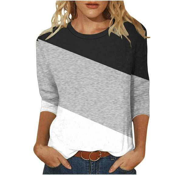 Charella Women's Casual 3/4 Sleeve T-Shirts Color Block Crew Neck Tunic Tops Basic Tees Loose Fit Pullover (L, Black)