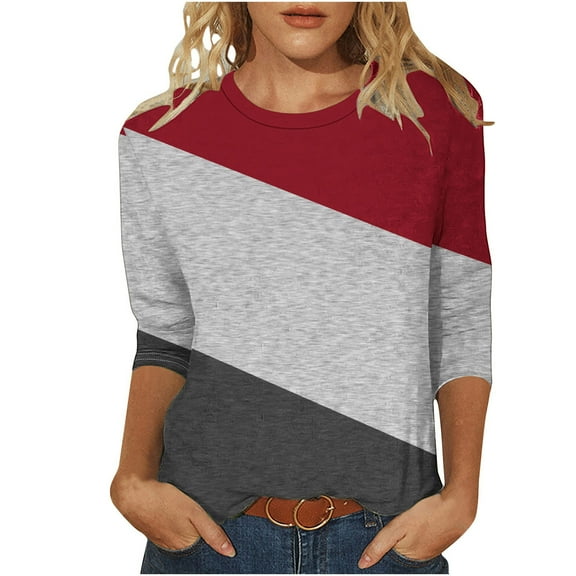 Charella Women's Casual 3/4 Sleeve T-Shirts Color Block Crew Neck Tunic Tops Basic Tees Loose Fit Pullover (M, Wine)