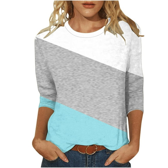 Charella Women's Casual 3/4 Sleeve T-Shirts Color Block Crew Neck Tunic Tops Basic Tees Loose Fit Pullover (XL, Sky Blue)